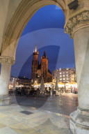 Exterior view of Saint Mary's Basilica in Market Square at night, UNESCO World Heritage Site, Krakow, Poland