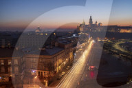 Wawel Castle at sunrise with traffic trails, Krakow, Poland