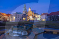 Wawel Castle with bronze model at night, Krakow, Poland