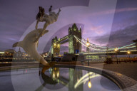 Lon 75 Tower Bridge with the mermaid and dolphin statue at St Katherines Dock at night, London.