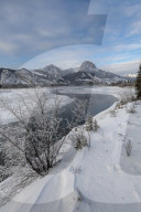 Bow River in winter with mountains, Jasper, Canadian Rocky Mountains , Alberta, Canada