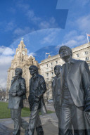 Bronze statue of the Beatles stands on Liverpool Waterfront, Liverpool, Merseyside