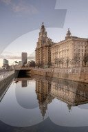 Reflections of The Pier Head on Liverpools waterfront, Liverpool, Merseyside