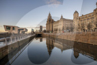 Reflections of The Pier Head on Liverpool waterfront, Liverpool, Merseyside
