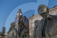 The Beatles statue at night, Liverpool waterfront, Liverpool, Merseyside