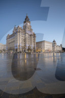 The Three Graces reflected on the Pier Head, Liverpool, Merseyside