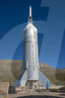 Outdoor exhibit with rocket 'Little Joe 2' at New Mexico Museum of Space History