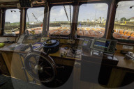 A view from the bridge of a ship passing through the Gatun Locks on the Panama Canal, Panama