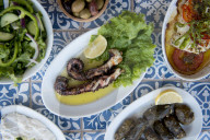 Octopus and other greek dishes, Ialyssos Beach, Rhodes, Greece