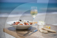 Cypriot Village Salad by the sea served with pitta bread and white wine, Cyprus