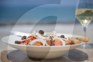 Cypriot Village Salad by the sea served with pitta bread and white wine, Cyprus