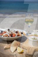 Cypriot Village Salad by the sea served with pitta bread and white wine, Cyprus