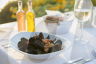 Mussels with white wine at a restaurant in Pefkos, Rhodes, Greece