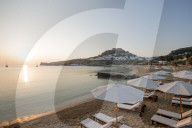 View over Lindos beach at sunrise, Lindos, Rhodes, Greece