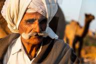 Close-up portrait of camel trader with cream turban and impressive moustache, camel in background, Pushkar Camel Fair.