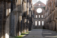 Nave of roofless 13th Century Gothic, Cistercian Abbey of San Galzano, Chiusdino, Tuscany, Italy