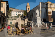 Town square of Pietrasanta on the coast in Northern Tuscany, bathed in afternoon light, Tuscany, Italy