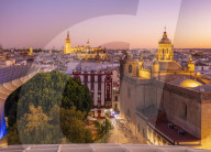 Sunset Seville Skyline of cathedral and city rooftops from the Metropol Parasol Seville, Spain Seville Andalusia Spain EU Europe