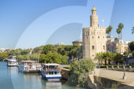 Tour boats moored on the Guadalquivir river bank near the Torre del Oro Paseo de CristÃ³bal ColÃ³n Seville Spain Andalusia Europe