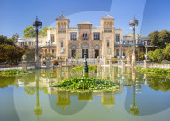 Reflections in the pool opposite the Museum of Popular Arts and Traditions Sevilla Seville Spain Andalusia Spain EU Europe