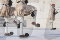 Evzone soldiers performing change of guard, Athens, Greece, Europe,