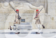 Evzone soldiers performing change of guard, Athens, Greece, Europe,