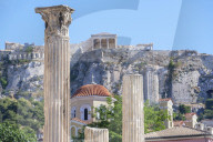 Acropolis including Library of Hadrian columns, Athens, Greece, Europe,