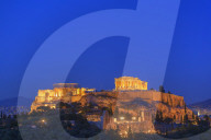 The Acropolis illuminated by floodlight, Athens, Greece, Europe,