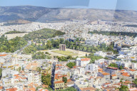 high angle view of Temple of Olympian Zeus, Hadrian's Arch and athens city centre, Athens, Greece, Europe,