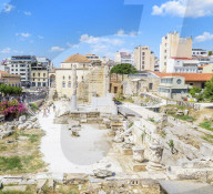 Remains of the Hadrian's Library and the old mosque in Monastiraki square, Athens, Greece, Europe,