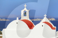 Greek orthodox chapel overlooking Mykonos Town, Mykonos, Cyclades Islands, Greece