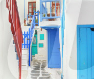 Characteristic colourful staircases, Mykonos Town, Mykonos, Cyclades Islands, Greece