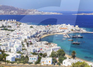 Mykonos Town and old harbour, elevated view, Mykonos, Cyclades Islands, Greece