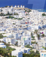 Mykonos Town and old harbour, elevated view, Mykonos, Cyclades Islands, Greece