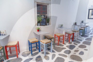 Outdoor cafe, Mykonos Town, Mykonos, Cyclades Islands, Greece
