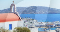 Greek orthodox chapel overlooking Mykonos Town, Mykonos, Cyclades Islands, Greece