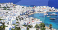 Mykonos Town and old harbour, elevated view, Mykonos, Cyclades Islands, Greece