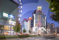 Ferris wheel and shopping street at dusk, Nagoya, Japan