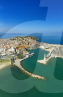 Aerial view of Rethymno old town, Venetian Harbour and fortress, Crete Island, Greek Islands, Greece, Europe (Drone)
