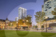Tokyo Station and skyscrapers of Marunouchi at dusk, Tokyo, Japan