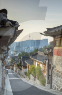 Traditional houses in Bukchon Hanok village at sunrise, Seoul, South Korea