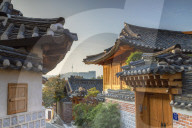 Traditional houses in Bukchon Hanok village at sunrise, Seoul, South Korea