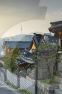 Traditional houses in Bukchon Hanok village at sunrise, Seoul, South Korea