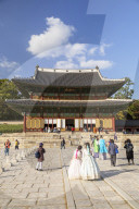 Tourists wearing traditional Korean clothes in Changdeokgung Palace (UNESCO World Heritage Site), Seoul, South Korea