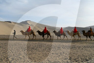 Tourists on camels being led through the Singing Sand Dunes in Dunhuang, NW Gansu province, China