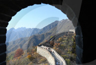 View through sentry post window, Great Wall of China, built 1368, Mutianyu section, Beijing, China
