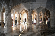 Visitors to the white marble Swaminarayan temple, built following the 2001 earthquake, Bhuj, Gujarat, India