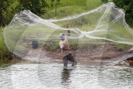 African fisherman throwing net into the river in traditional way. Aneho. Togo.