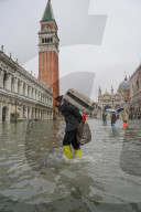 St. Mark's square during the high tide in Venice, november 2019, Venice, Italy, Europe