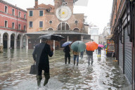 Campo San Giacomo, Rialto, during the high tide in Venice, november 2019, Venice, Italy, Europe